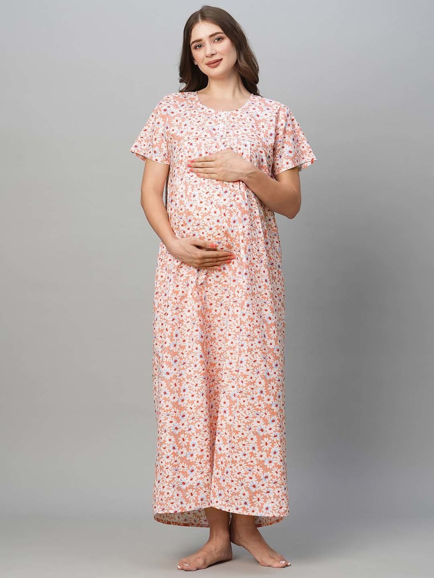 MomToBe Peach Floral Print Maternity Nighty