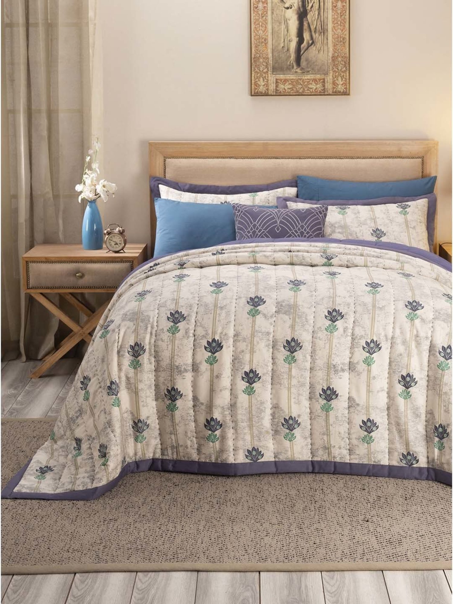 Maspar Hues Nouveau Tradition Water Lily Blue & Beige Cotton 300 TC Double Bed Linen Set