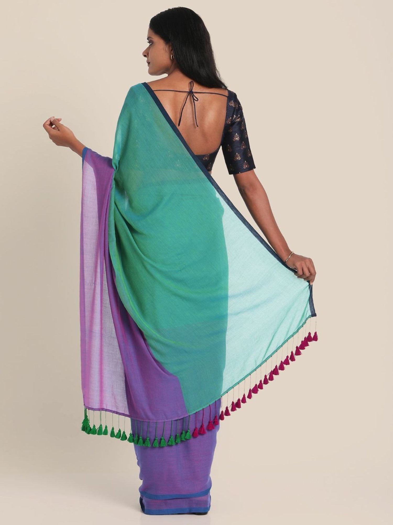 Suta Green & Purple Cotton Saree Without Blouse