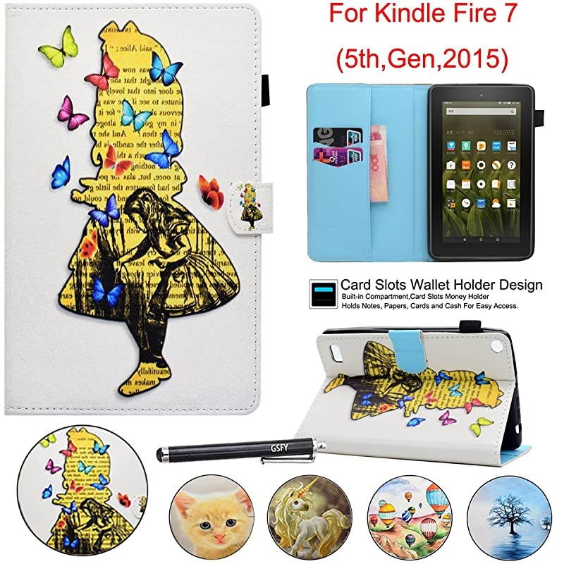 Case for  Kindle Fire 7 (5th Generation, 2015 Release) - Synthetic Leather Magnetic Closure Stand Cover with Card Slots for 2015 Fire 7" Display ONLY, Girl Shadow