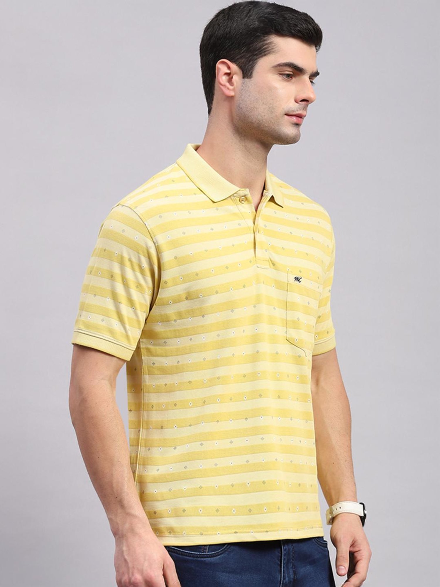 Monte Carlo Yellow Regular Fit Striped Polo T-Shirt