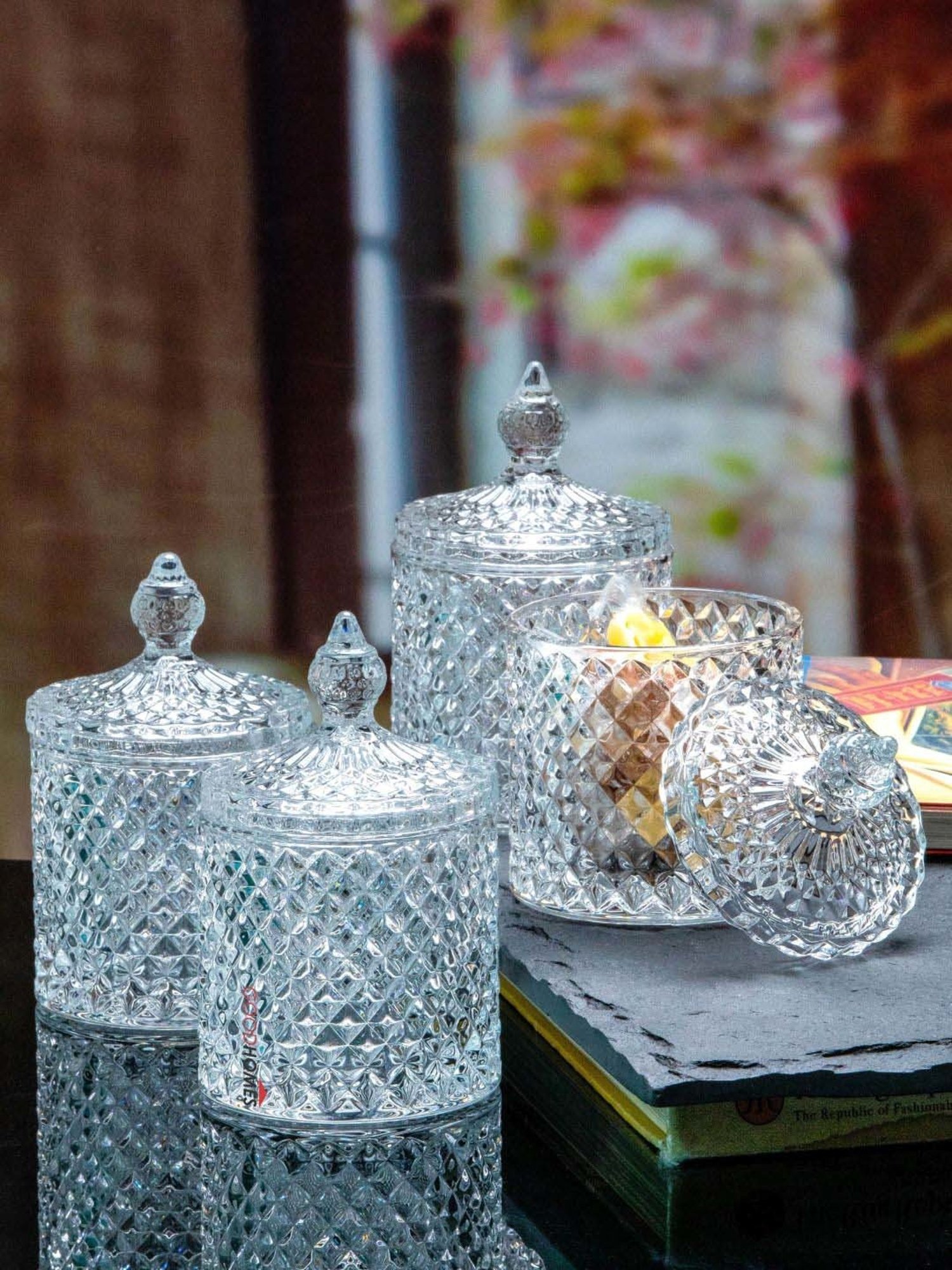 Goodhomes Transparent Glass Candy Jar with Lid (0.28 L) - Set of 4