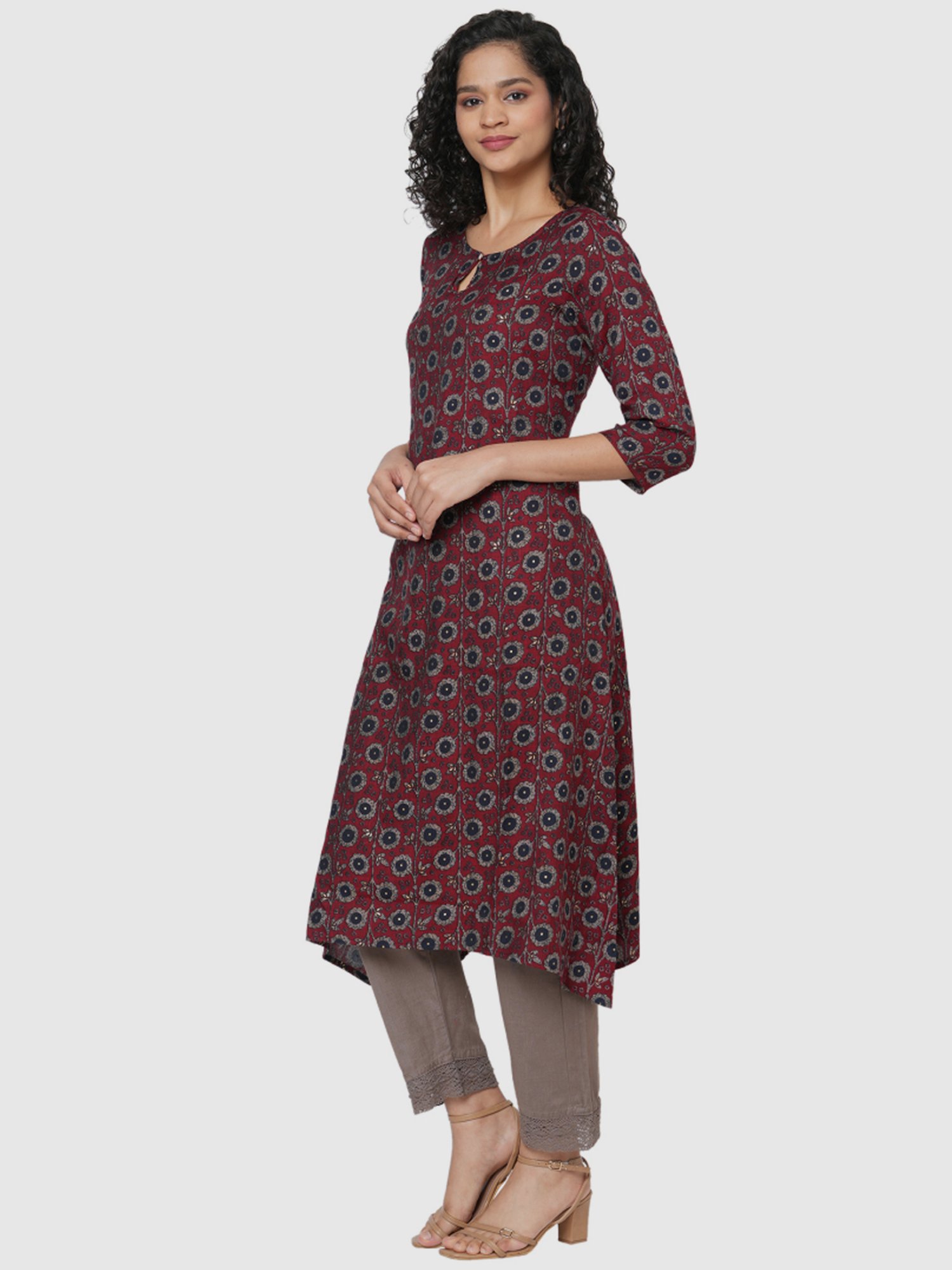 Fusion Beats Maroon Floral Print A Line Kurta