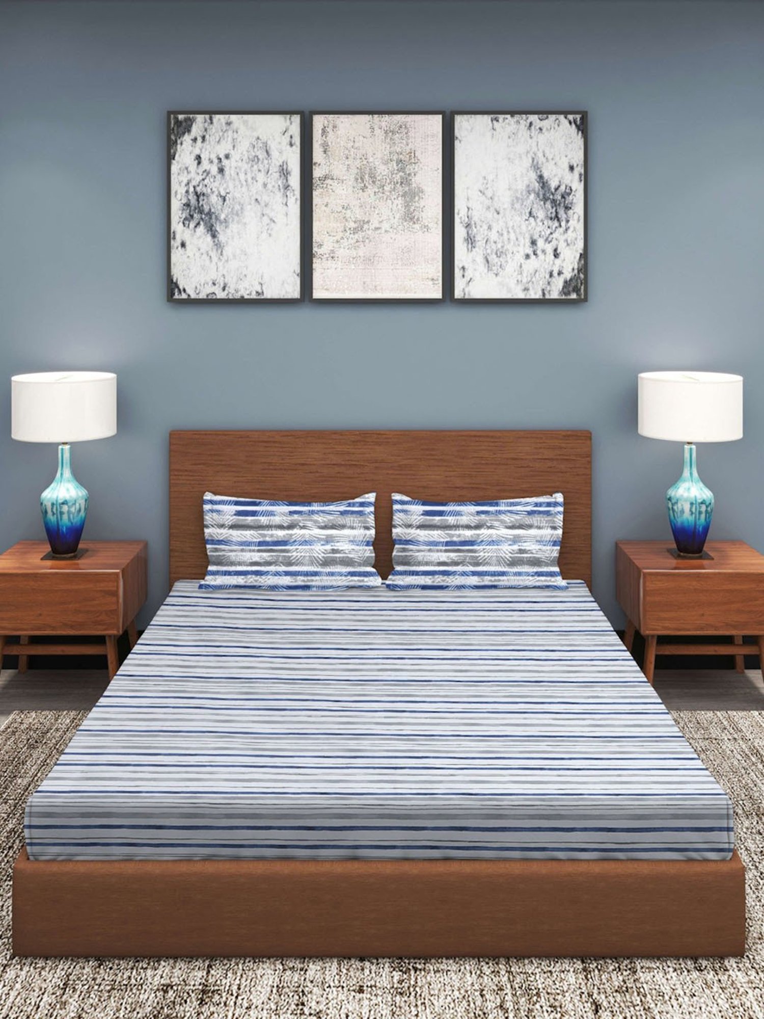 Romee Blue Cotton Stripes Bed Sheets