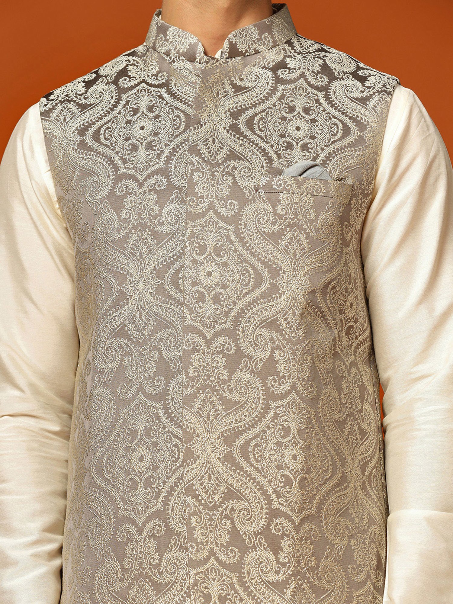 KISAH Grey Regular Fit Self Design Nehru Jacket