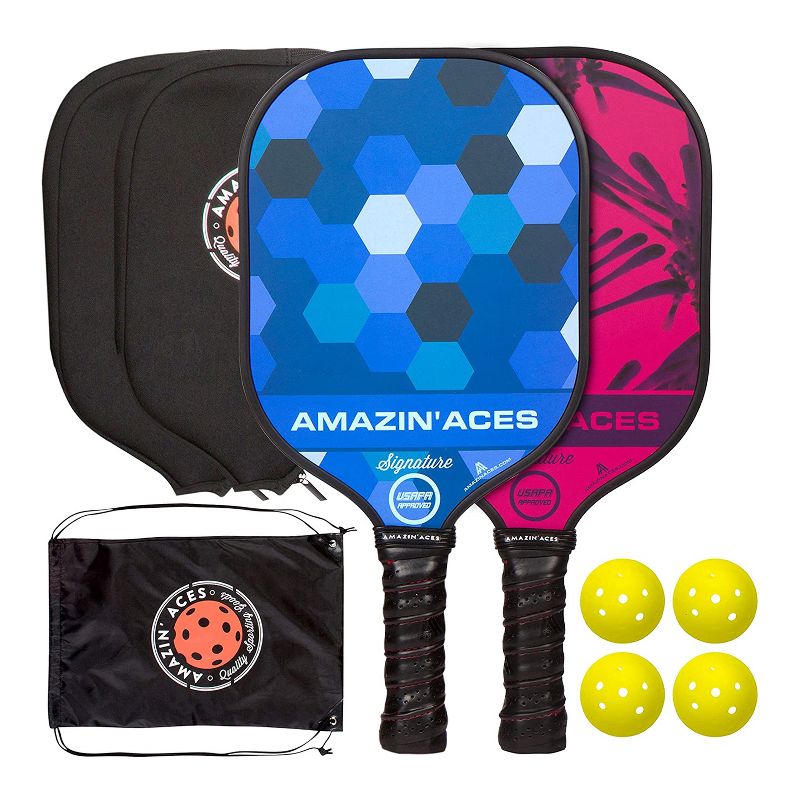 Amazin Aces Signature Pickleball Set with 2 Graphite Face Paddles, 4 Balls, Paddle Covers, and Carry Bag, Blue and Pink
