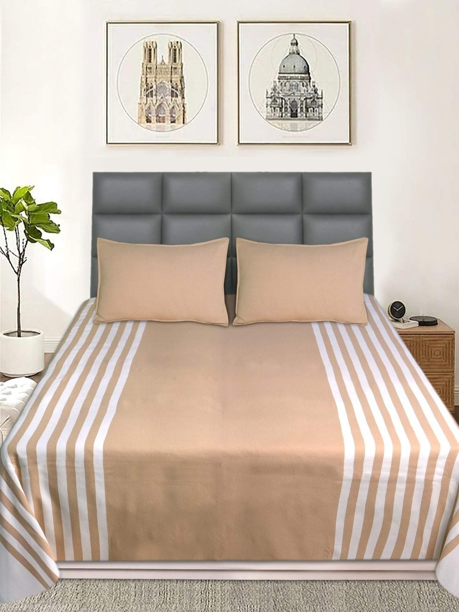 Saral Home Balanced Handmade Stripes Beige 200 TC Cotton Queen Bedsheet with 2 Pillow Covers