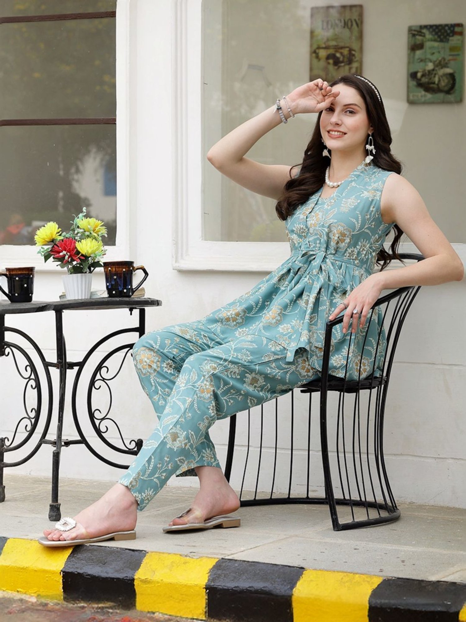 Stylum Aqua Blue Floral Print Top & Pants Set