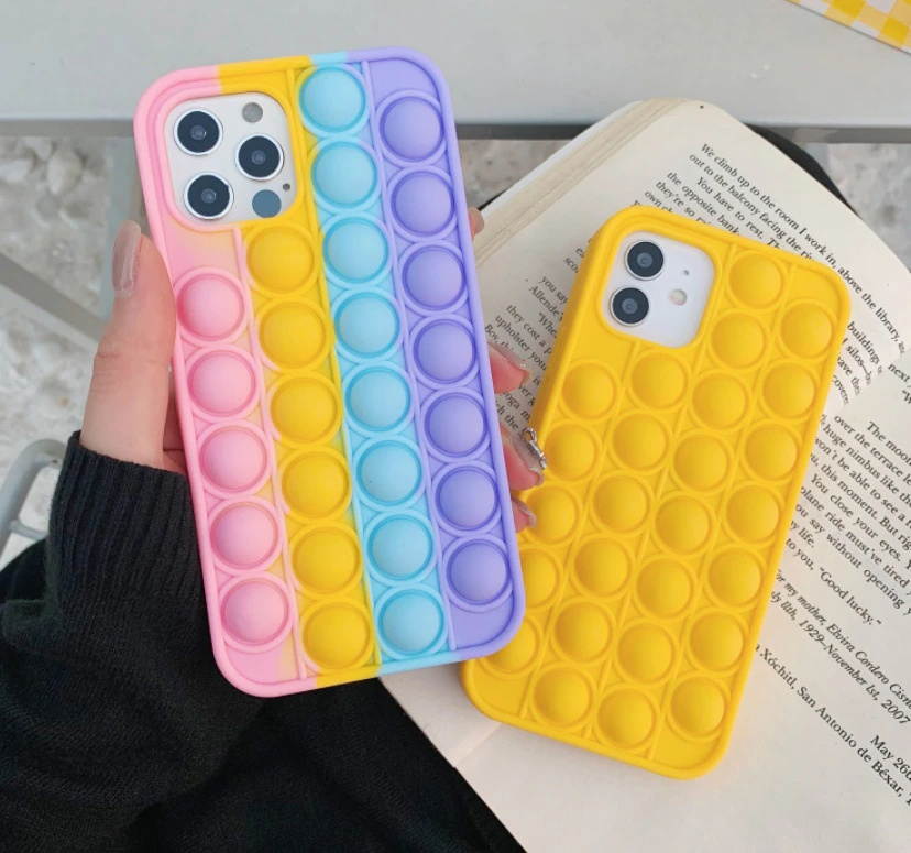 Creative Silicone Soft Rainbow Push It Bubble Silicone Phone Case Bubble Pops It Fidget Phone Case For Iphone 12 MAX PRO