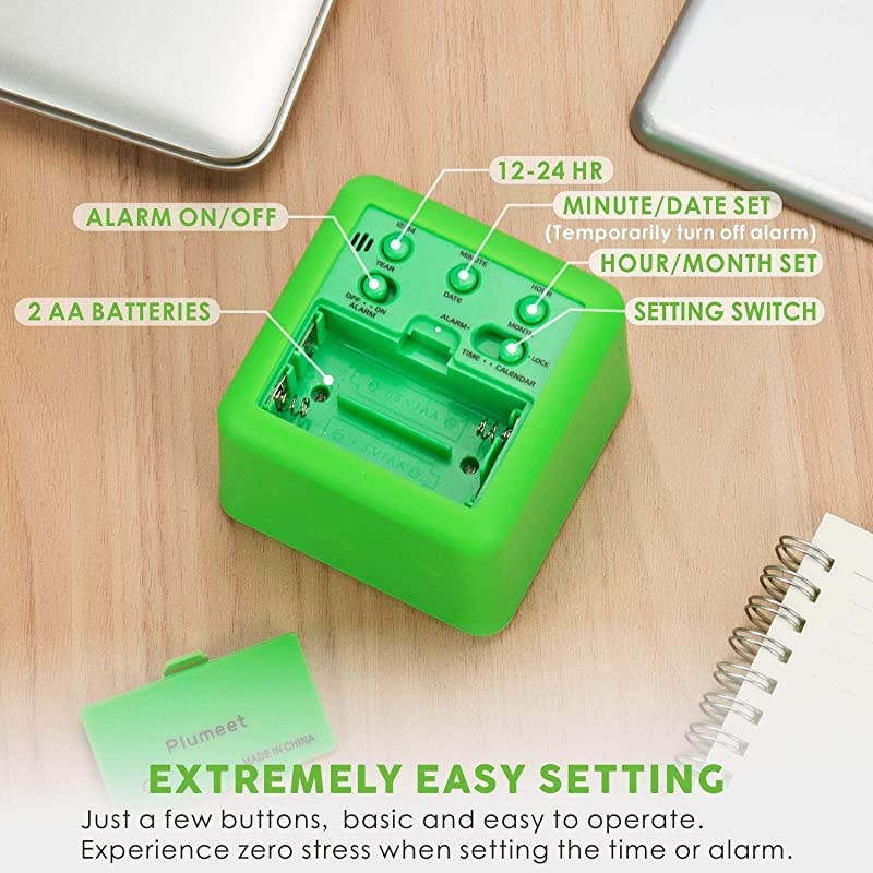 Digital Alarm Clocks Travel Clock with Snooze and Green Nightlight Easy Setting Clock Display Time Date Alarm Ascending Sound Battery Powered Green