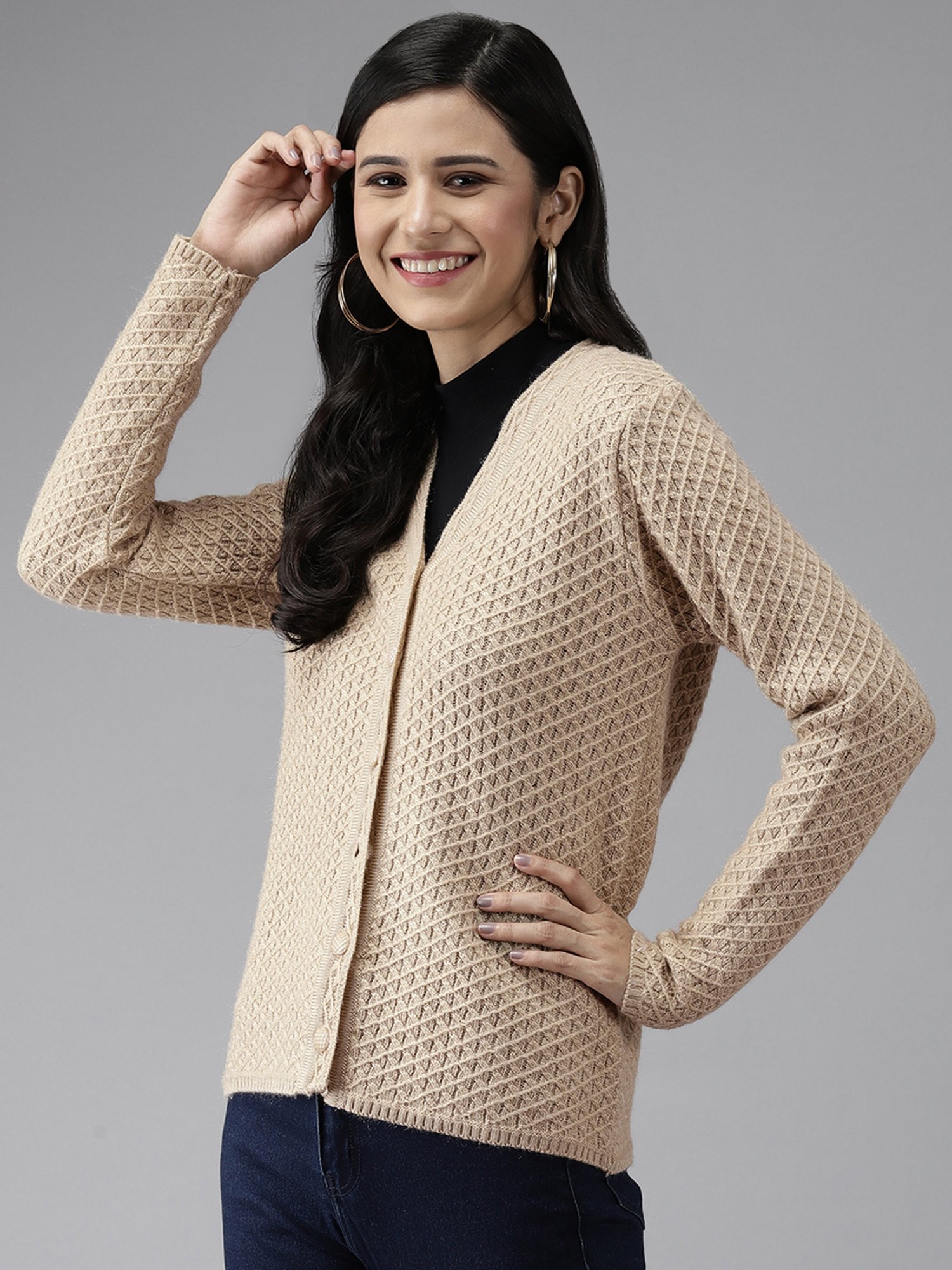 Cayman Beige Woolen Textured Cardigan