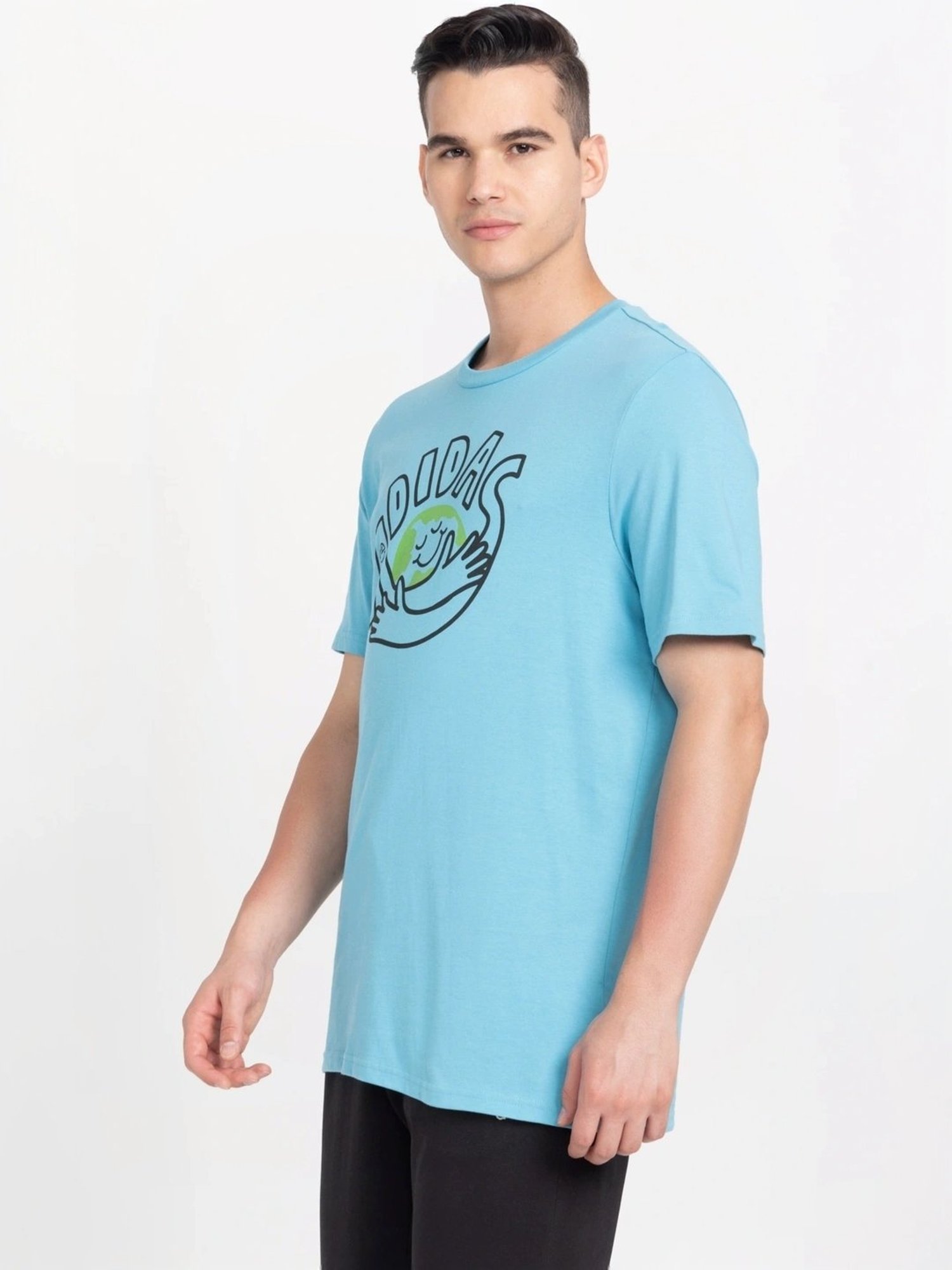 Adidas Blue Cotton Regular Fit Printed T-Shirt