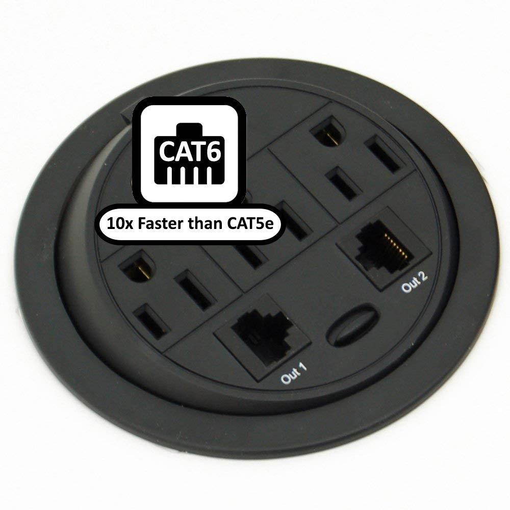 Power Tap Grommet with Hidden Power Center w/ 3 Power, 2 USB & 1 CAT6 - Black