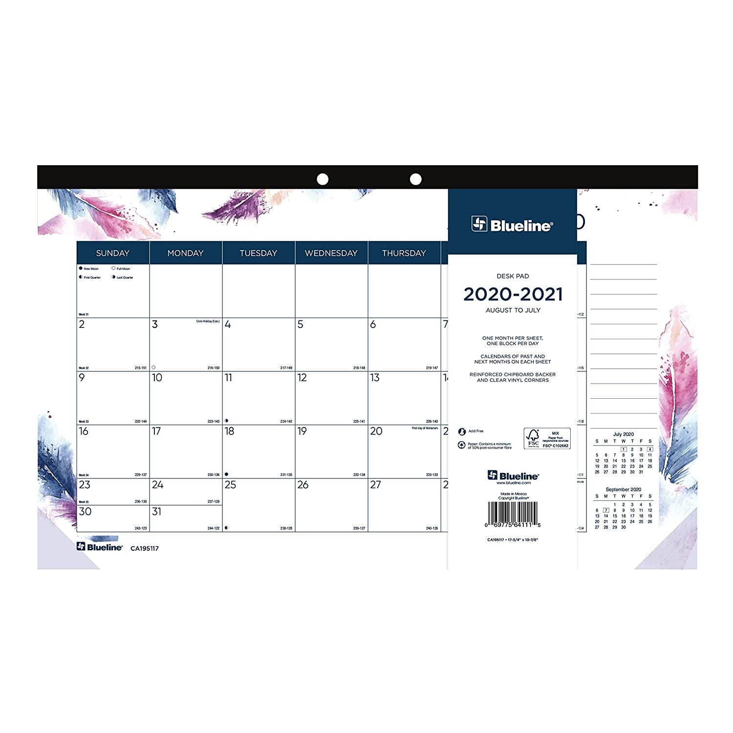 Blueline Colorful Academic Monthly Desk Pad, August 2020 to July 2021, Boho Design, 17.75 X 10.875 Inches (CA195117-21)