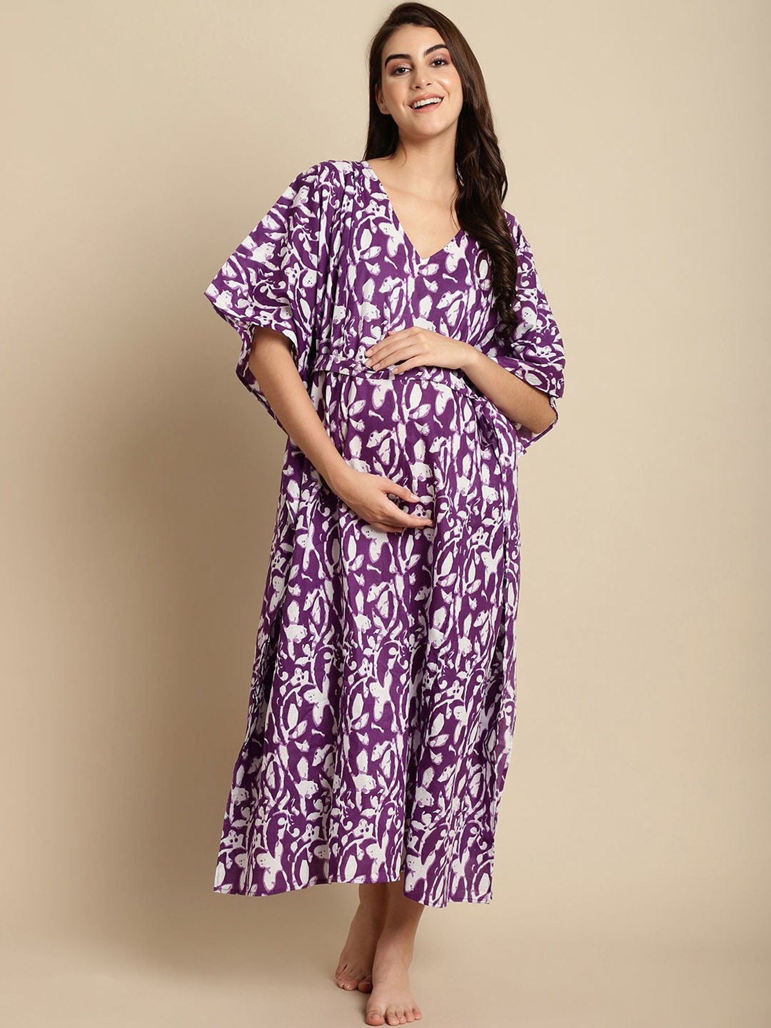 Secret Wish Purple Floral Print Maternity Kaftan Nighty
