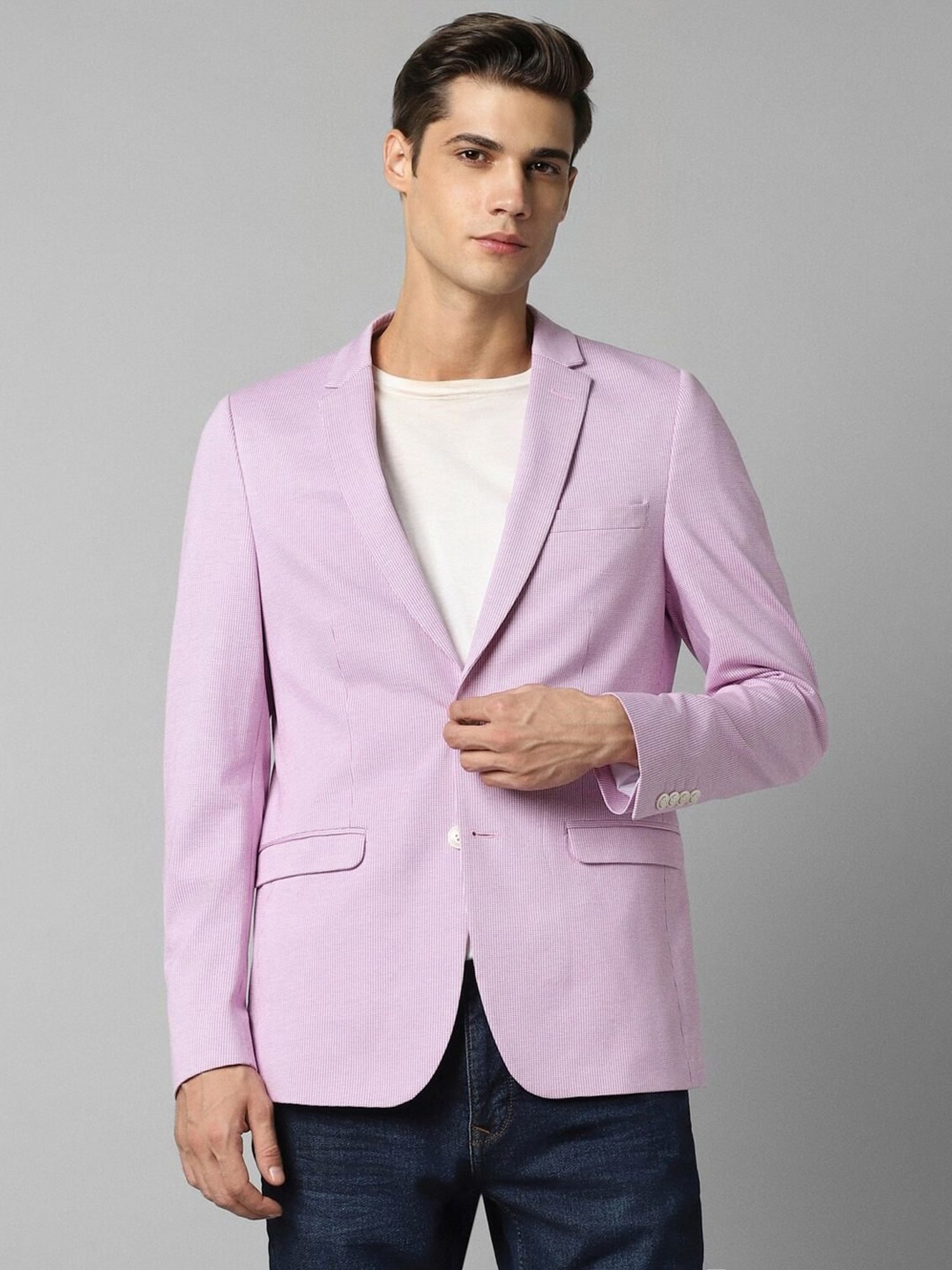 Louis Philippe Pink Cotton Slim Fit Checks Blazer