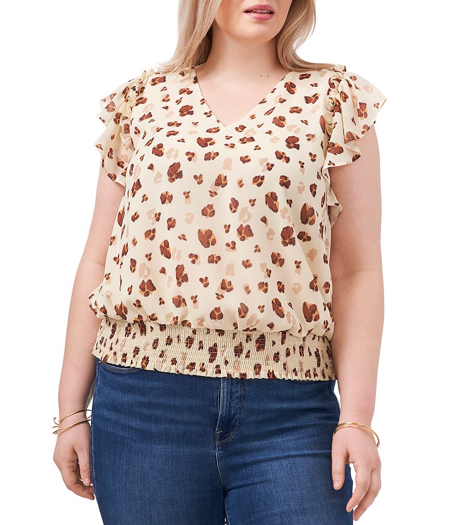 1. STATE Plus Size Floating Leopard V-Neck Flutter Short Sleeve Smocked Waist Coordinating Blouse