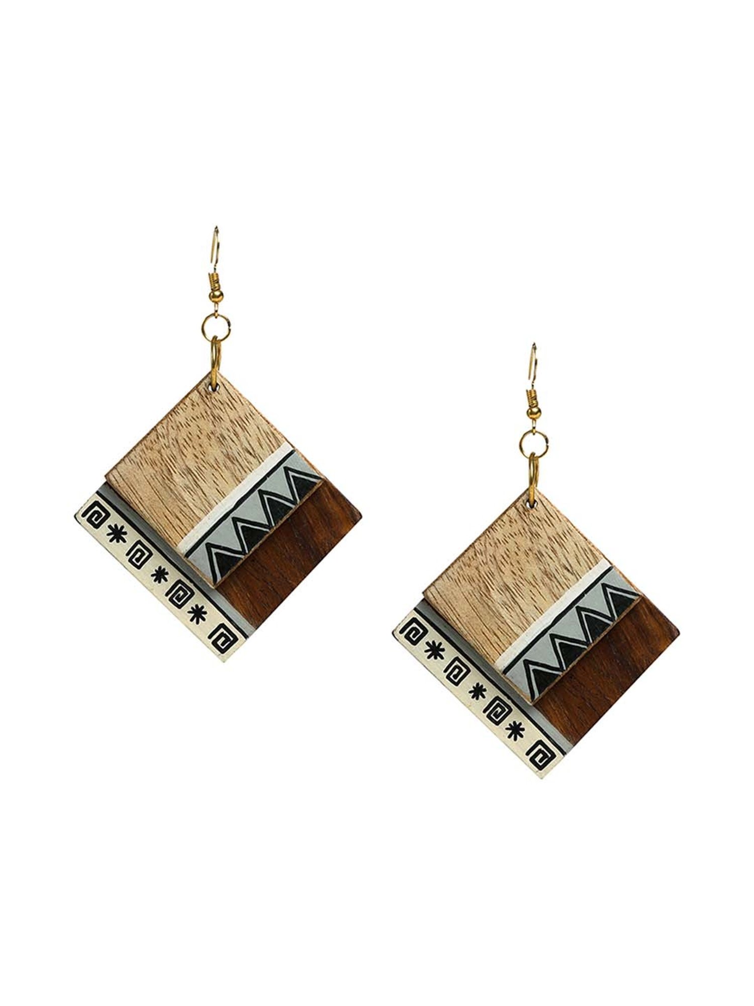 ExclusiveLane Brown & Beige Earrings Handpainted in Aztec Pattern (Sheesham Wood)