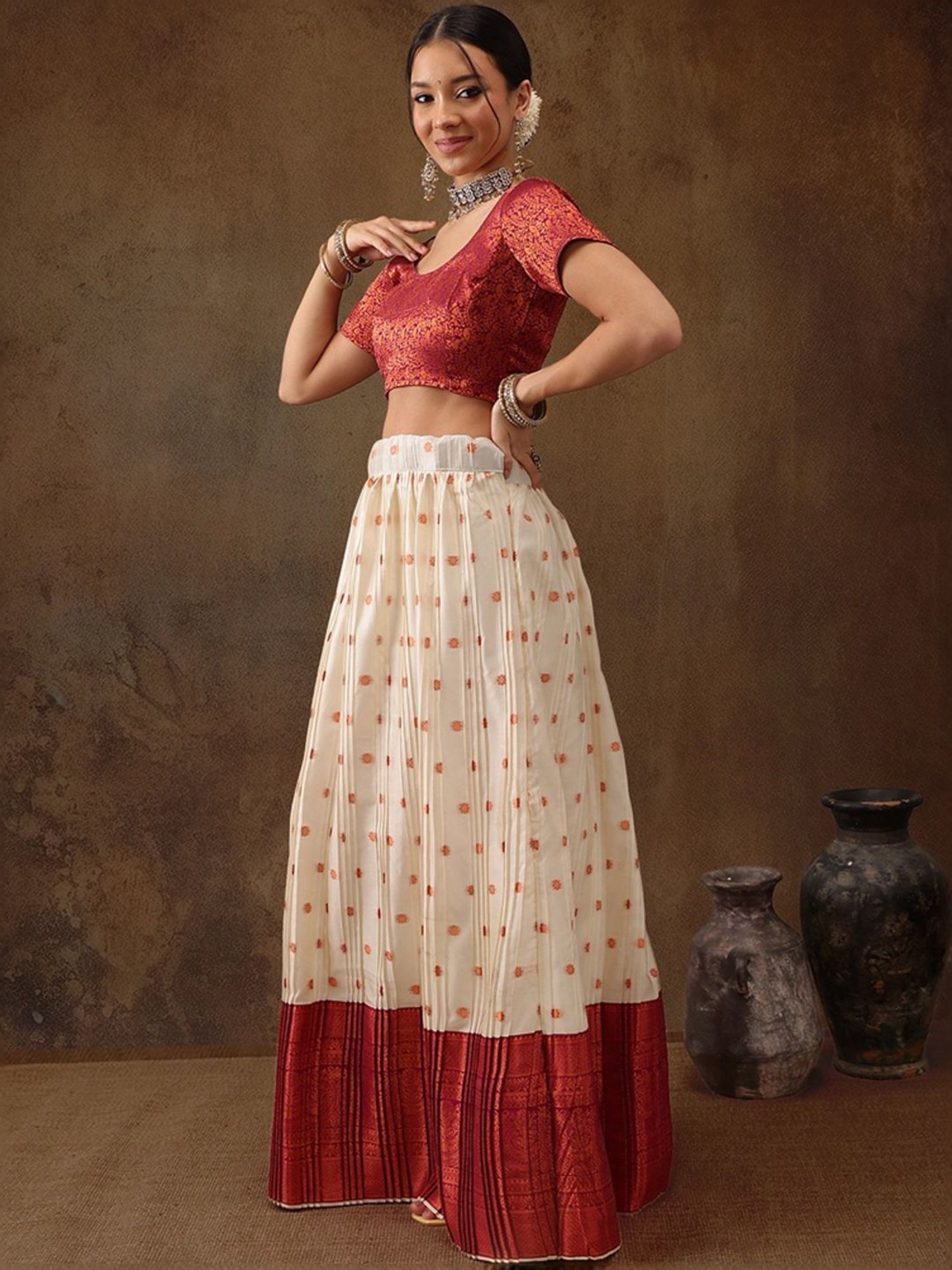 Silk Land Beige & Purple Woven Pattern Semi Stitched Lehenga Choli Set With Duppata