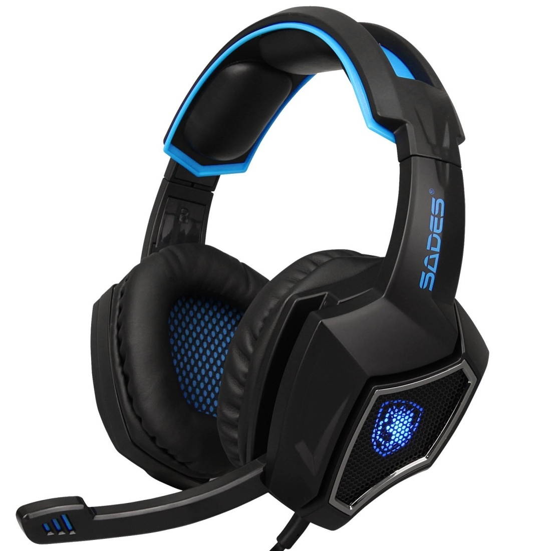 SADES WOLF SPIRIT 3.5 USB Wired Adjustable Gaming Headphone with Breathing Light & Hidden Microphone & 1 to 2 3.5mm Audio Cable, Length: 2m (Black Blue)
