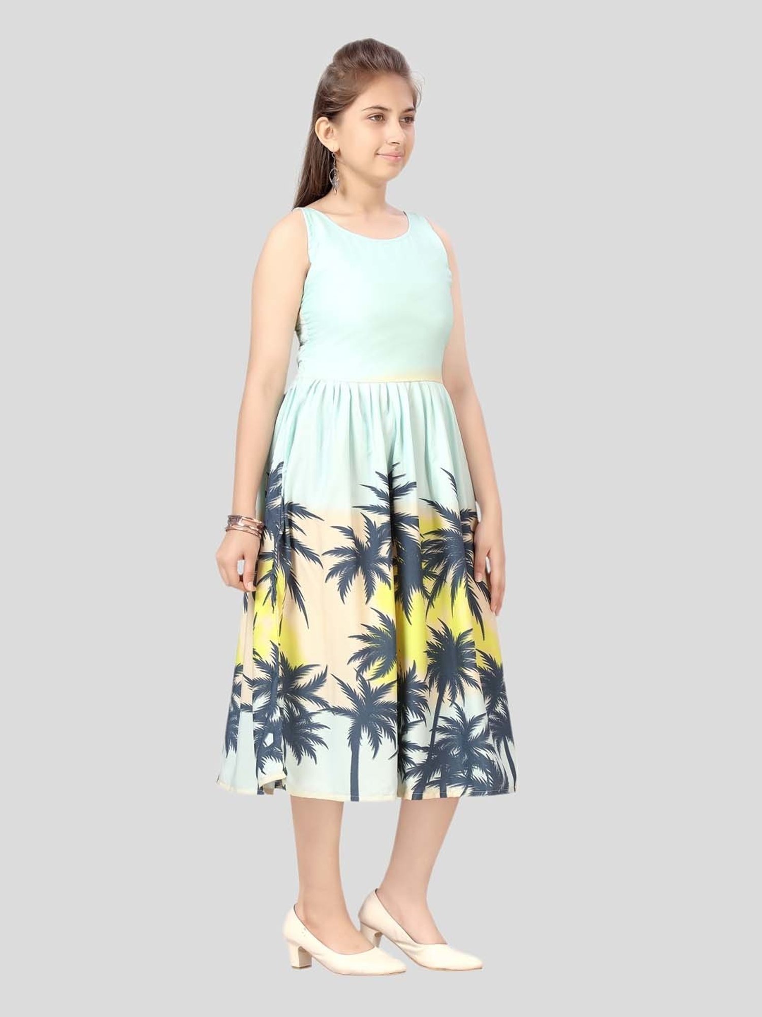 Aarika Kids Firozi Blue Printed Midi Dress