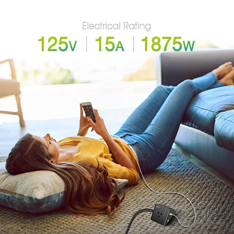 Power Strip Flat Plug with 3 USB 2 Outlet Desktop Charging Station with 5ft Extension Cord for Travel Dorm Room and Office Black KS2312