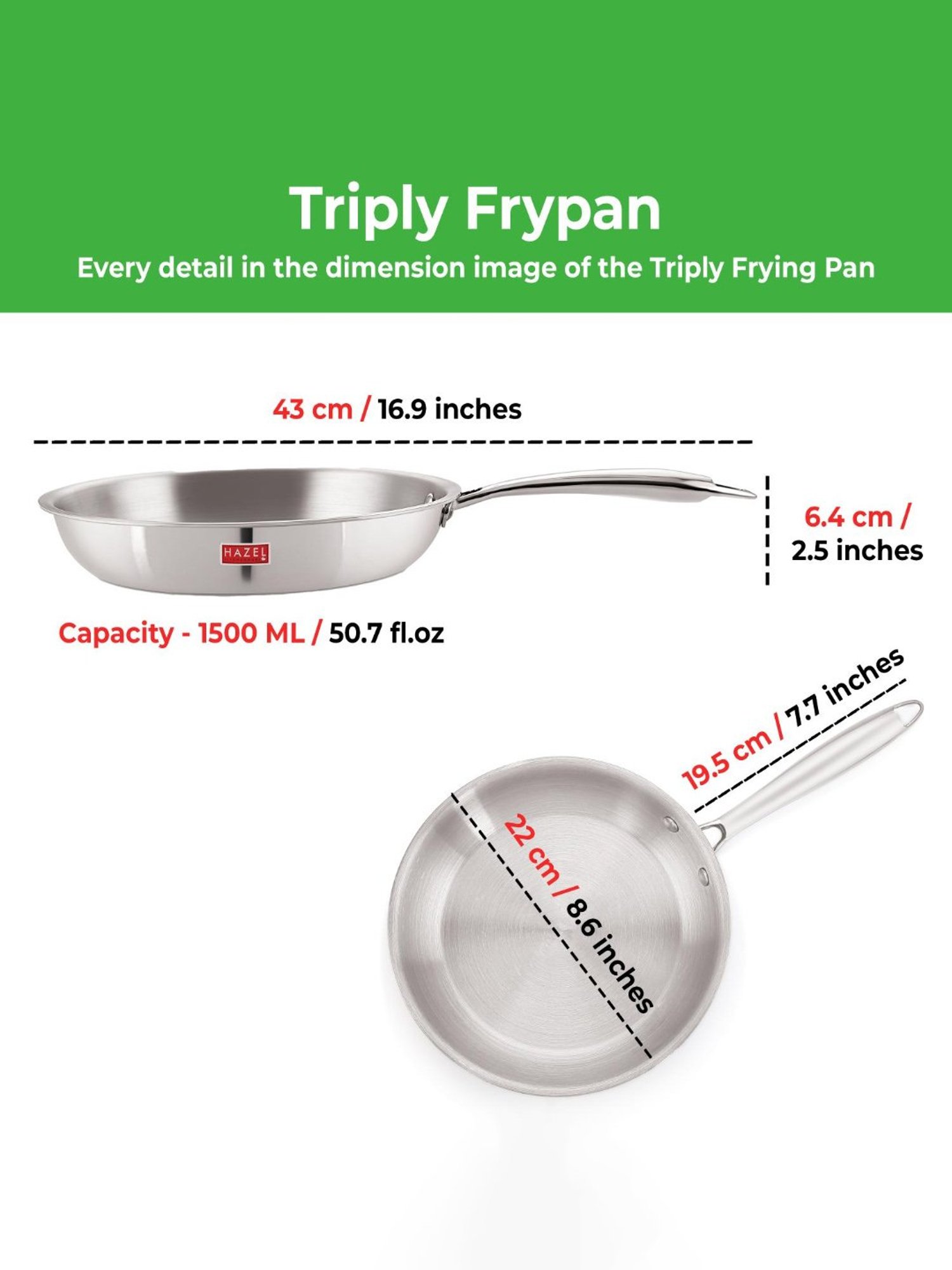 HAZEL Triply Stainless Steel Induction Bottom Fry Pan With Stainless Steel Lid, 1.5 Litre, 22 cm