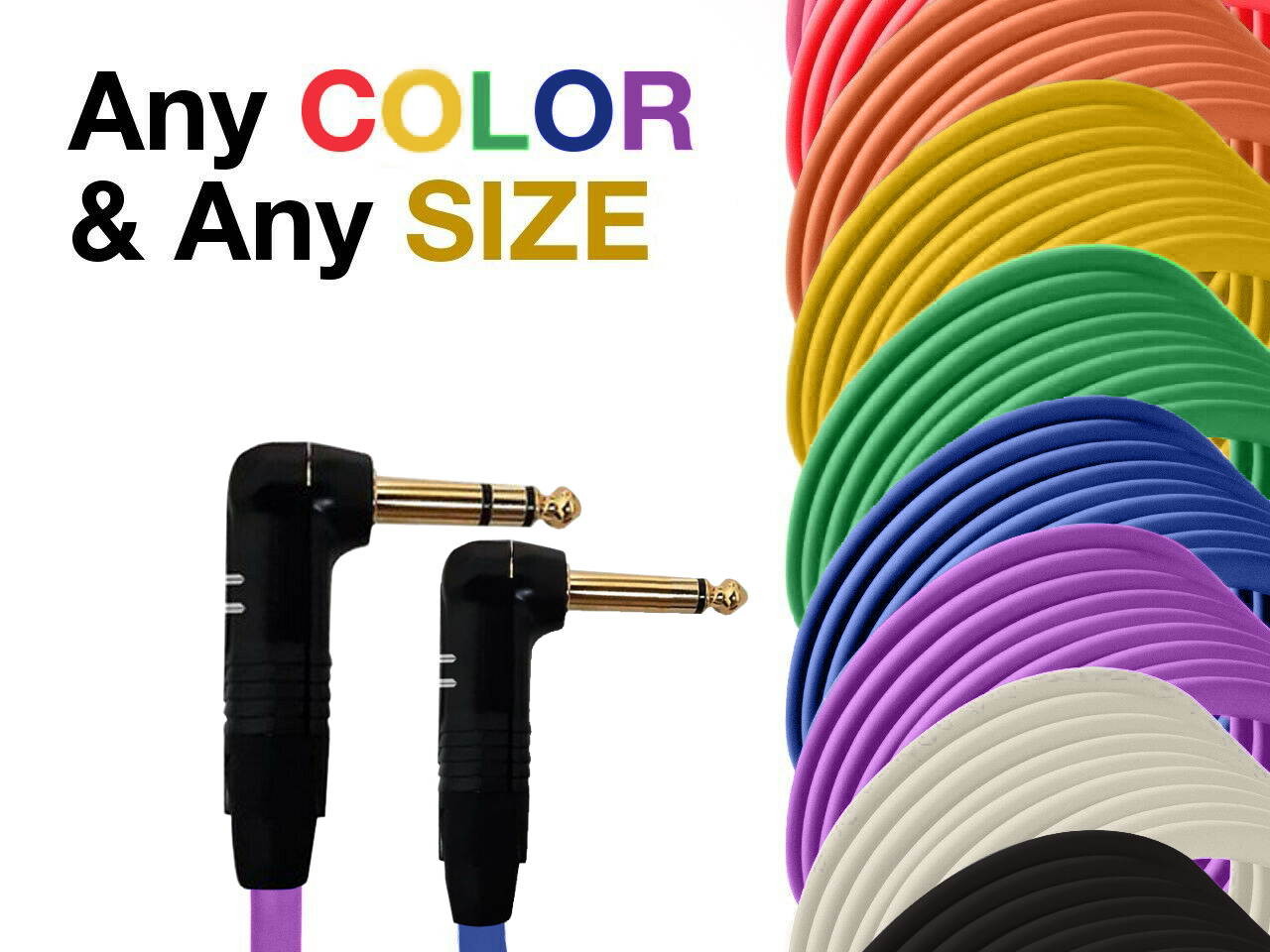 Right Angle 1/4" TRS to RA TS Unbalanced Mono Cable - Custom Length, Color Cord