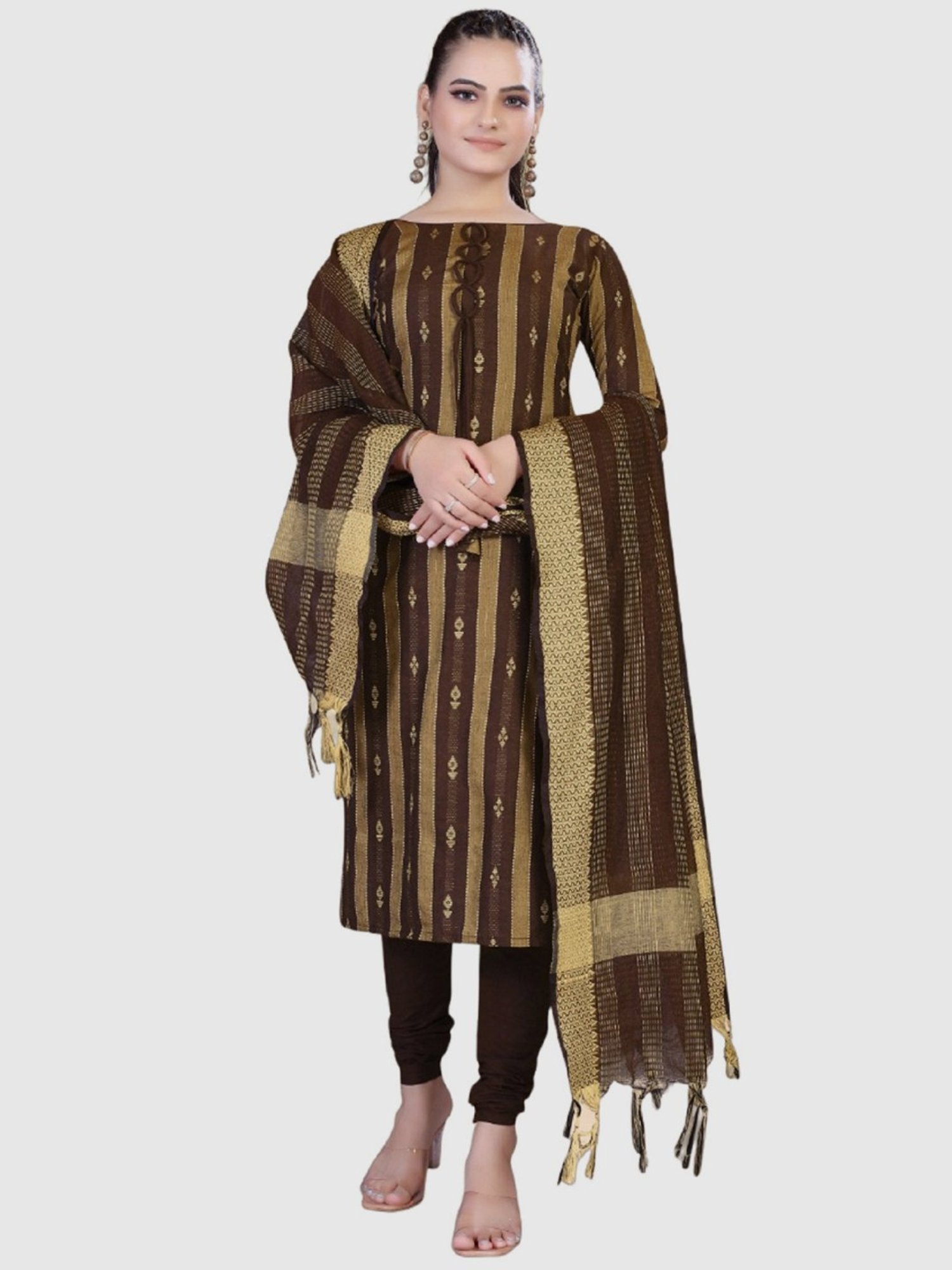 APNISHA Brown Cotton Printed Unstitched Dress Material