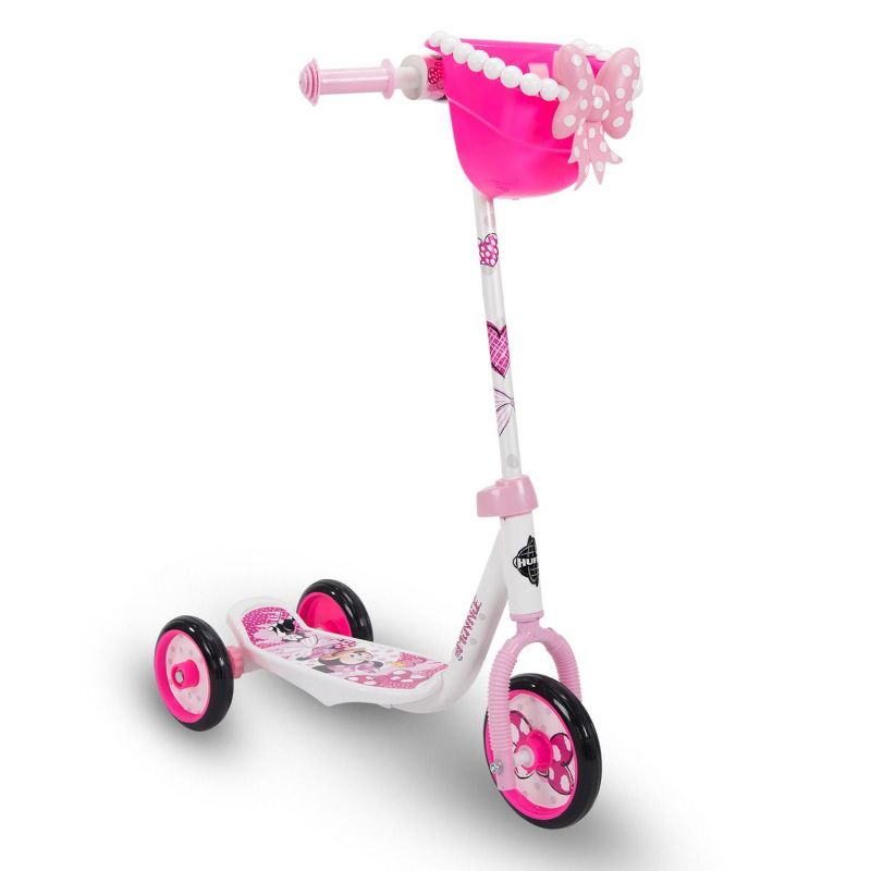Huffy 28639 Disney Minnie Girls Kid Toddler Preschool 3 Wheel Ride On Kick Scooter Toy with Basket, For Ages 3 and Up, Pink/White