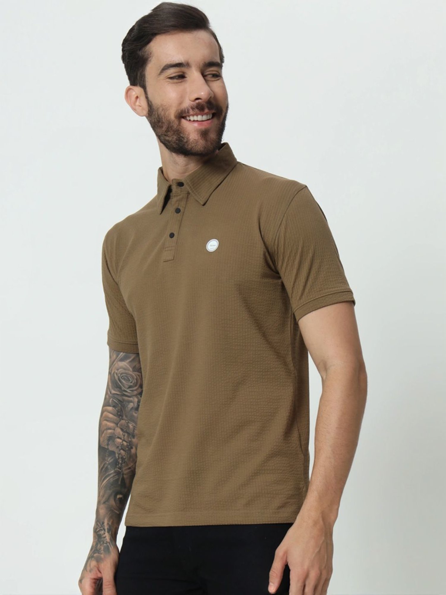 Tab91 Brown Regular Fit Self Pattern Polo T-Shirts