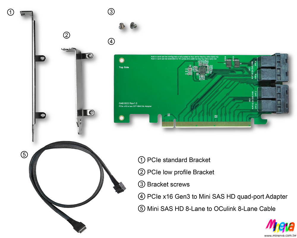 PCIe x16 Gen3 to Mini SAS HD (SFF-8643) quad-port Adapter with Mini SAS HD 8-Lane to OCulink (SFF-8611) 8-Lane Cable KIT