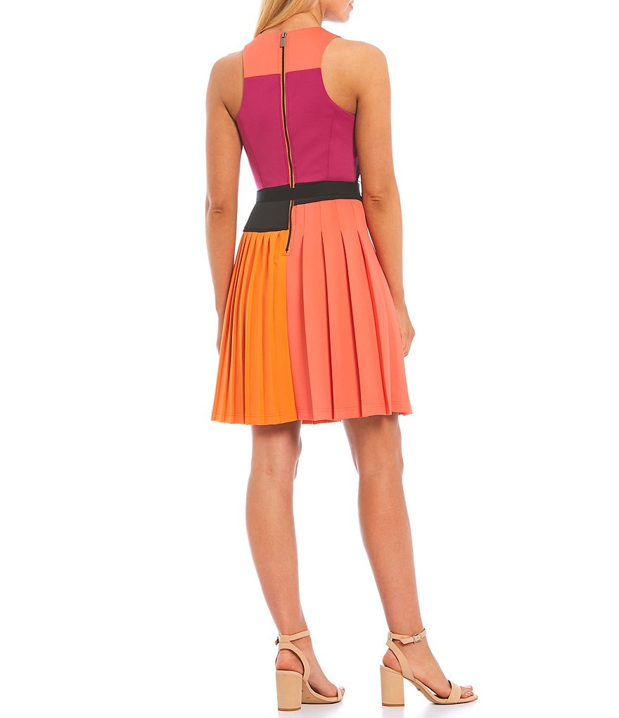 LDT Brielle Sleeveless Colorblock Round Neck Pleated Racer Dress