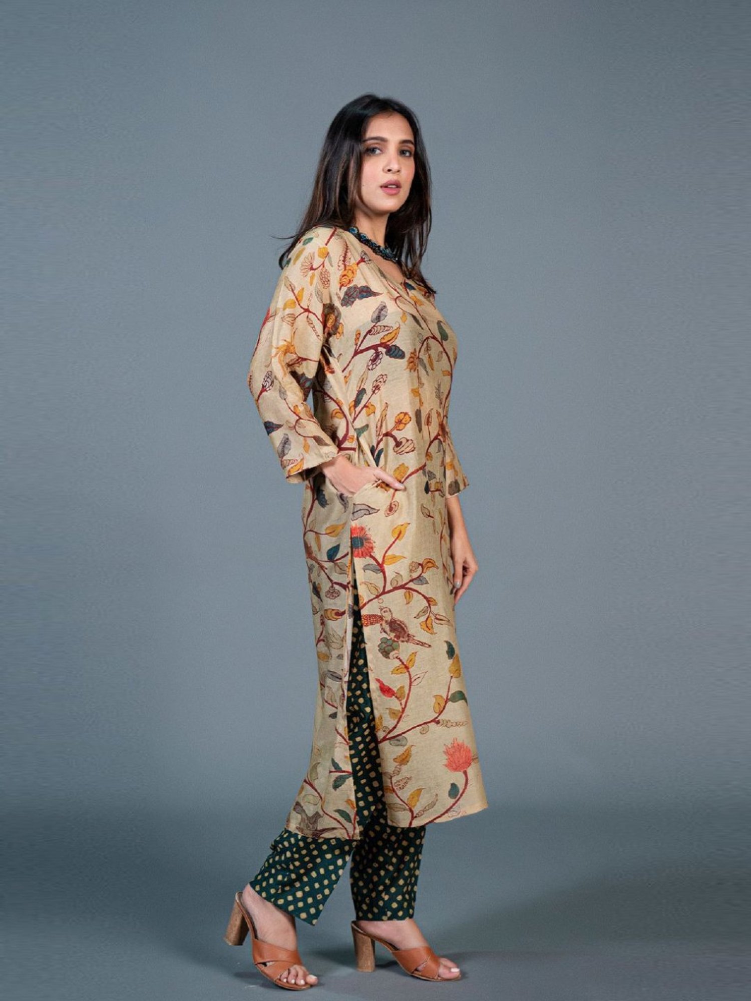 Eeshva India Beige Kalamkari Printed Kurta Pant Set