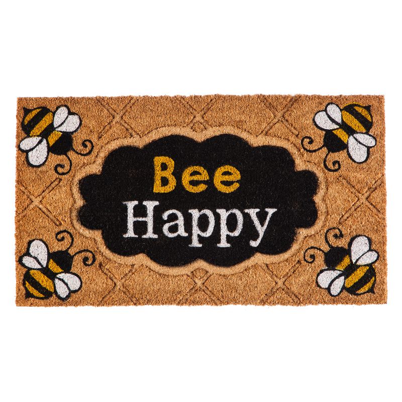 Evergreen Bee Happy Natural Coconut Fiber Coir Floor Mat, 28 x 16 inches