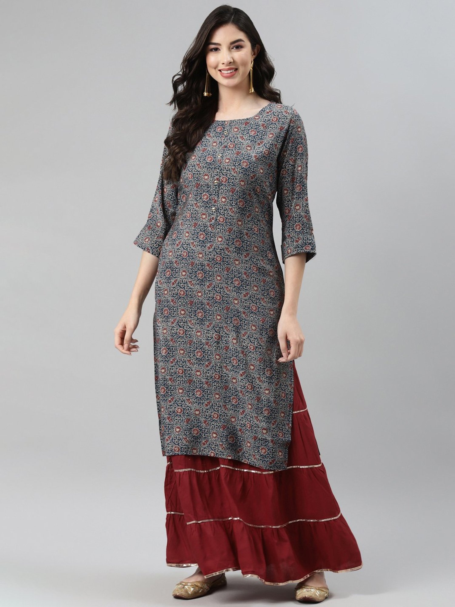 Aarika Blue Cotton Printed Straight Kurta