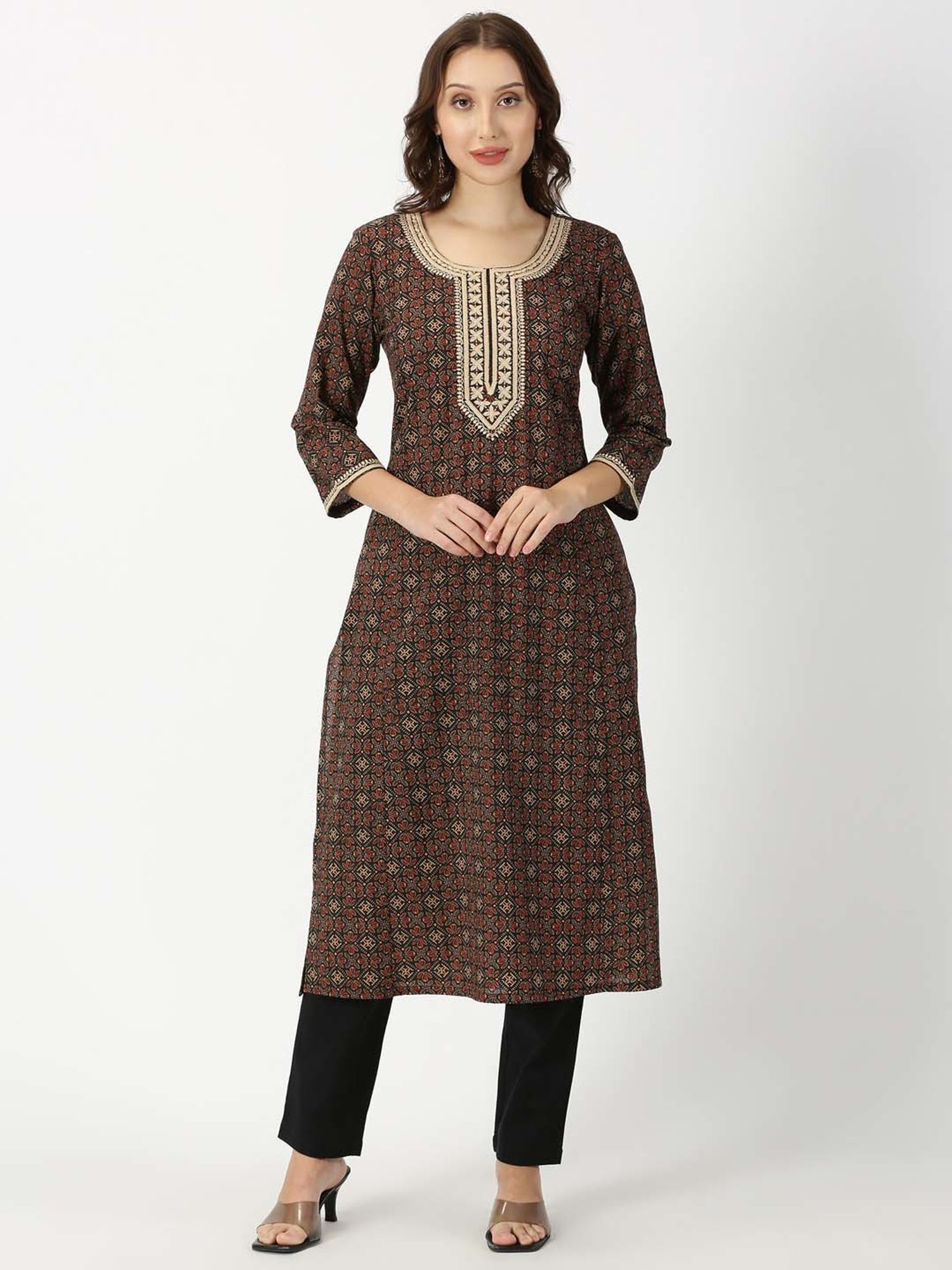 Saffron Threads Black Printed Straight Kurta