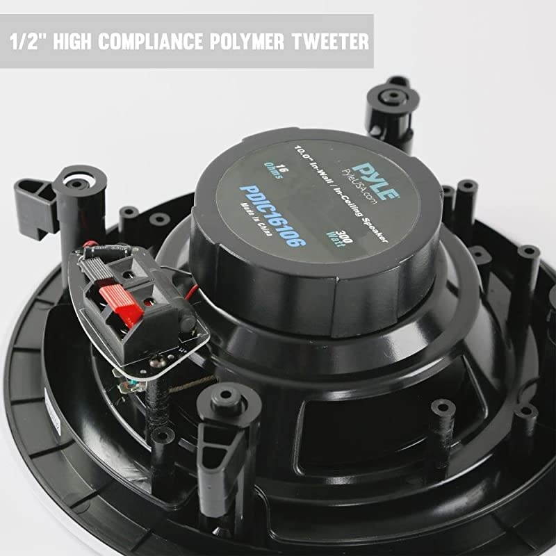 Pair 10 Flush Mount inWall inCeiling 2Way Speaker System Spring Loaded Quick Connections Changeable RoundSquare Grill Stereo Sound Polyprone Cone Polymer Tweeter 300 Watts PDIC16106