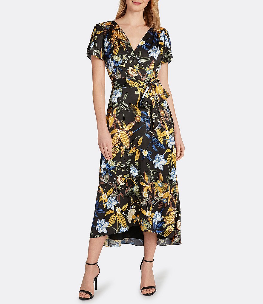 Tahari ASL Floral Satin Wrap Surplice V-Neck Short Sleeve Hi-Low Midi Dress