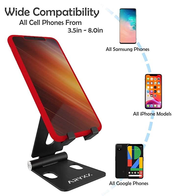 Desktop Phone Holder Stand - Smartphone, Tablet Cradle - Foldable, Aluminum Standing Bracket Compatible with iPhone, Nintendo Switch - Portable Screen Mount, 270-Degree Adjustable Angle