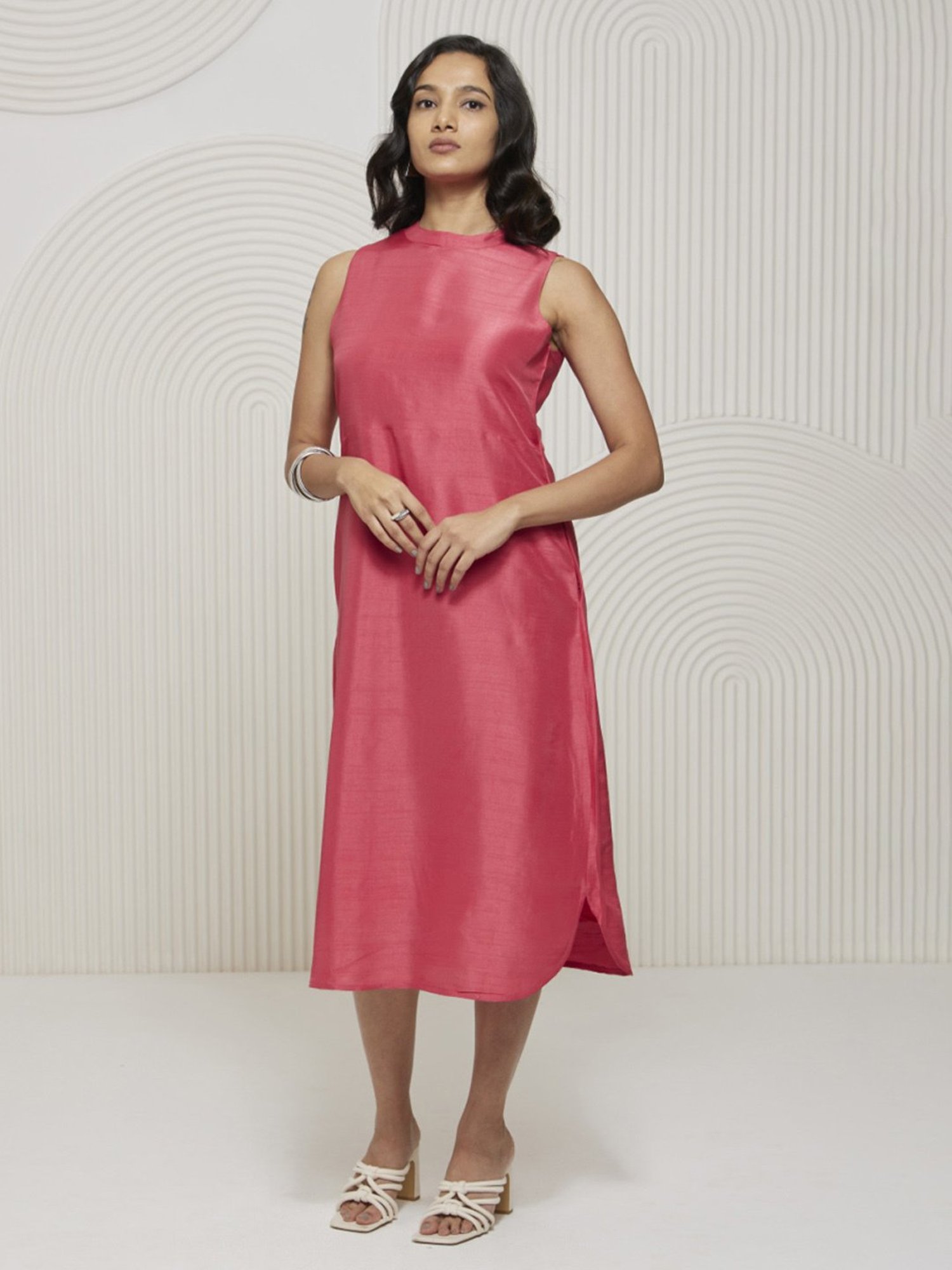 Artagai Tea Berry Pink Elevated Basics Band Collar Sleeveless Dress With Curved Hemline