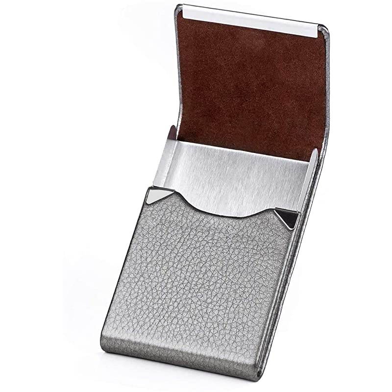 Leather Business Card Case Slim Business Card Holder Professional Name Card Holder with Magnetic Shut Grey