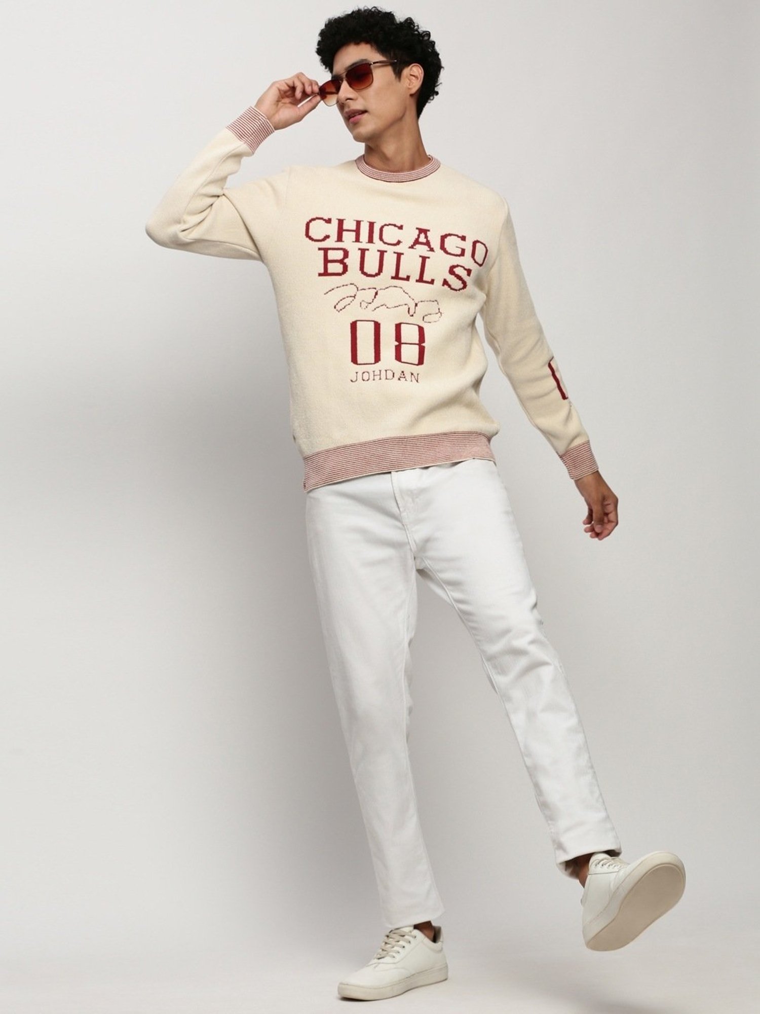 SHOWOFF Cream Slim Fit Self Pattern Sweater
