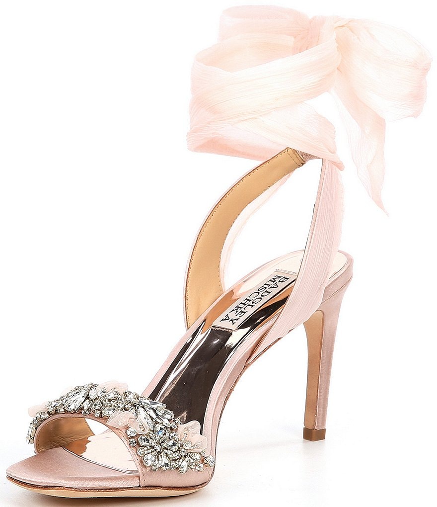 Badgley Mischka Bobbie Crystal Ornament Detail Satin Ankle Wrap Dress Sandals