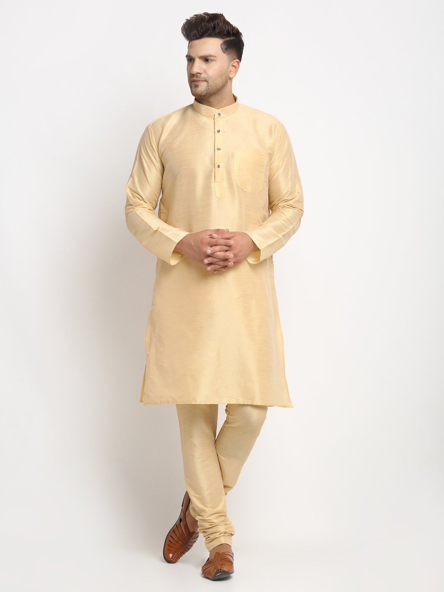 Benstoke Gold & Peacock Blue Regular Fit Self Pattern Kurta Set With Jacket