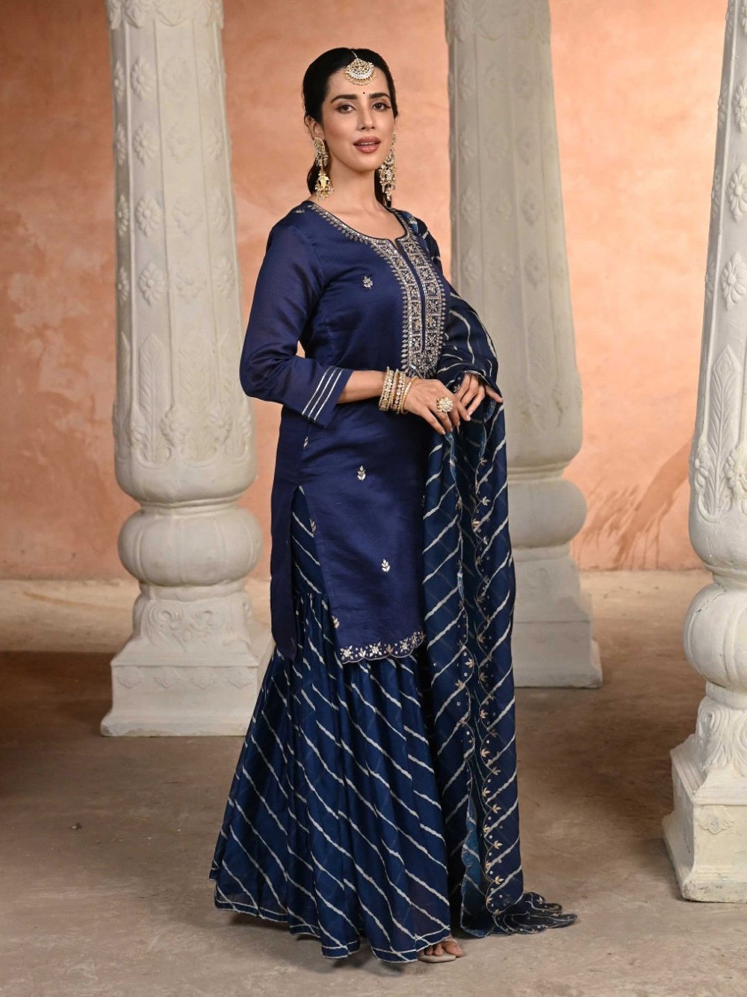 Mahee Jaipur Blue Mehak Lehariya Pure Chanderi Kurta with Sharara and Dupatta