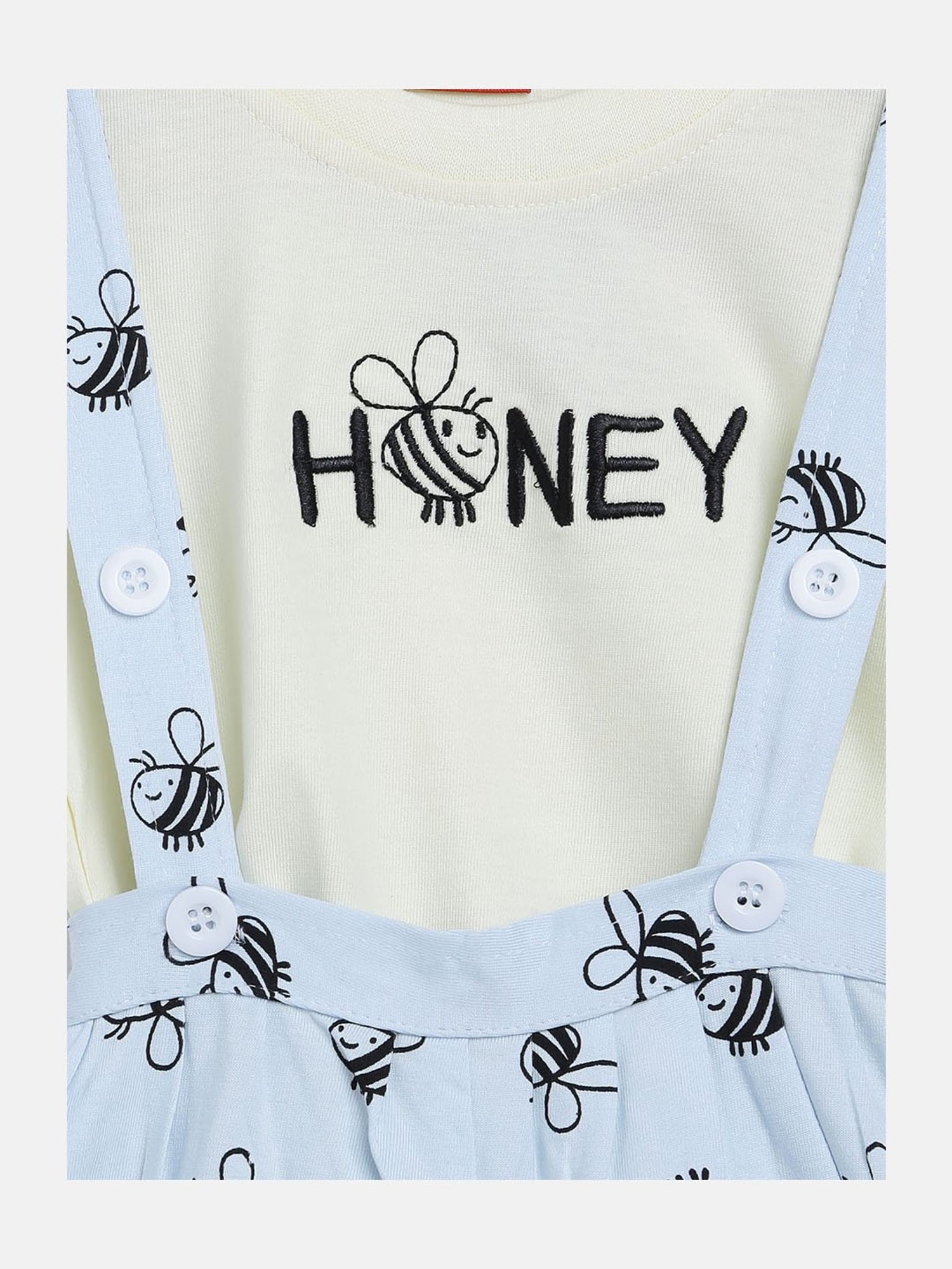 Li'l Tomatoes Kids Off White & Light Blue Printed T-Shirt with Dungaree