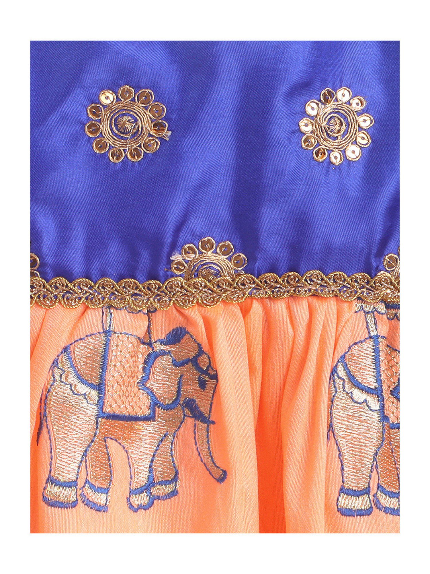 Many Frocks Kids Blue & Peach Embroidered Dress