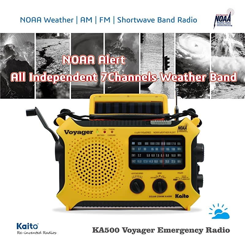 KA500 5way Powered Solar PowerDynamo Crank Wind Up Emergency AMFMSWNOAA Weather Alert Radio with FlashlightReading Lamp and Cellphone Charger Yellow