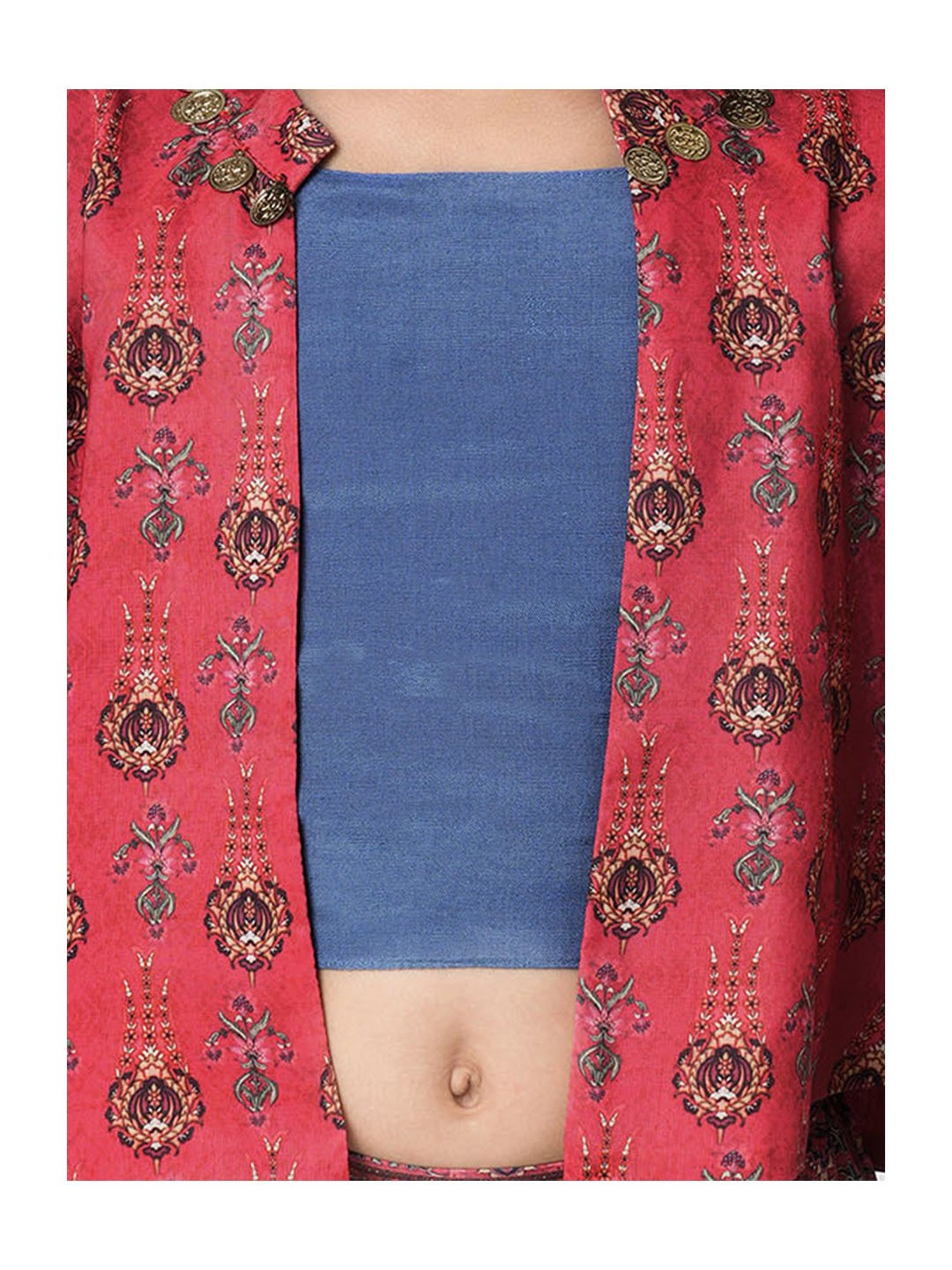 Lil Drama Kids Red & Navy Floral Print Top, Plazzos with Jacket